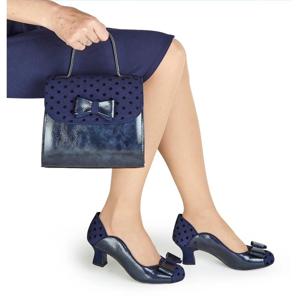 Ruby Shoo Melody Navy Blue Mid Heel Velvet Court Polka Dot Bow Pumps EU 40 US 9